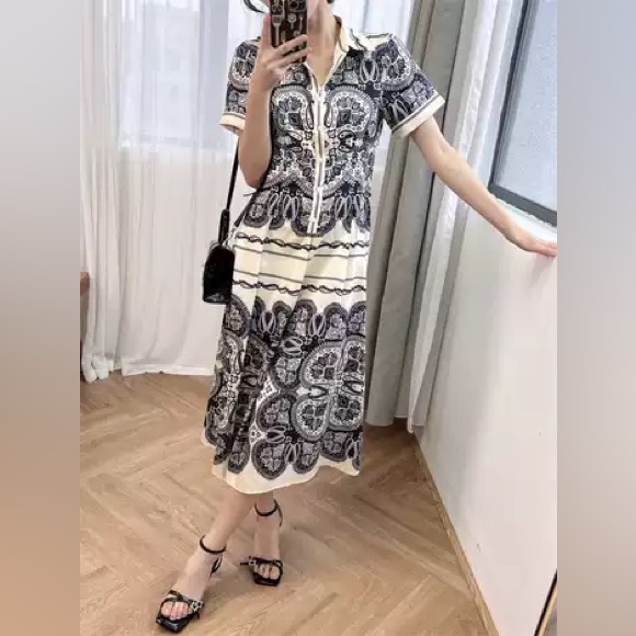 Sandro patterned paisley scarf print Marine beige midi dress NO OFFERS - Picture 11 of 11